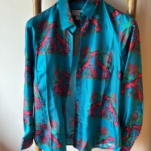 J. Crew Collection silk blue Shirt with Red and Pink Lobster Print. NWT